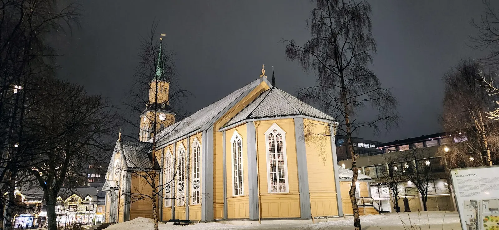 Illuminated church on a winter night